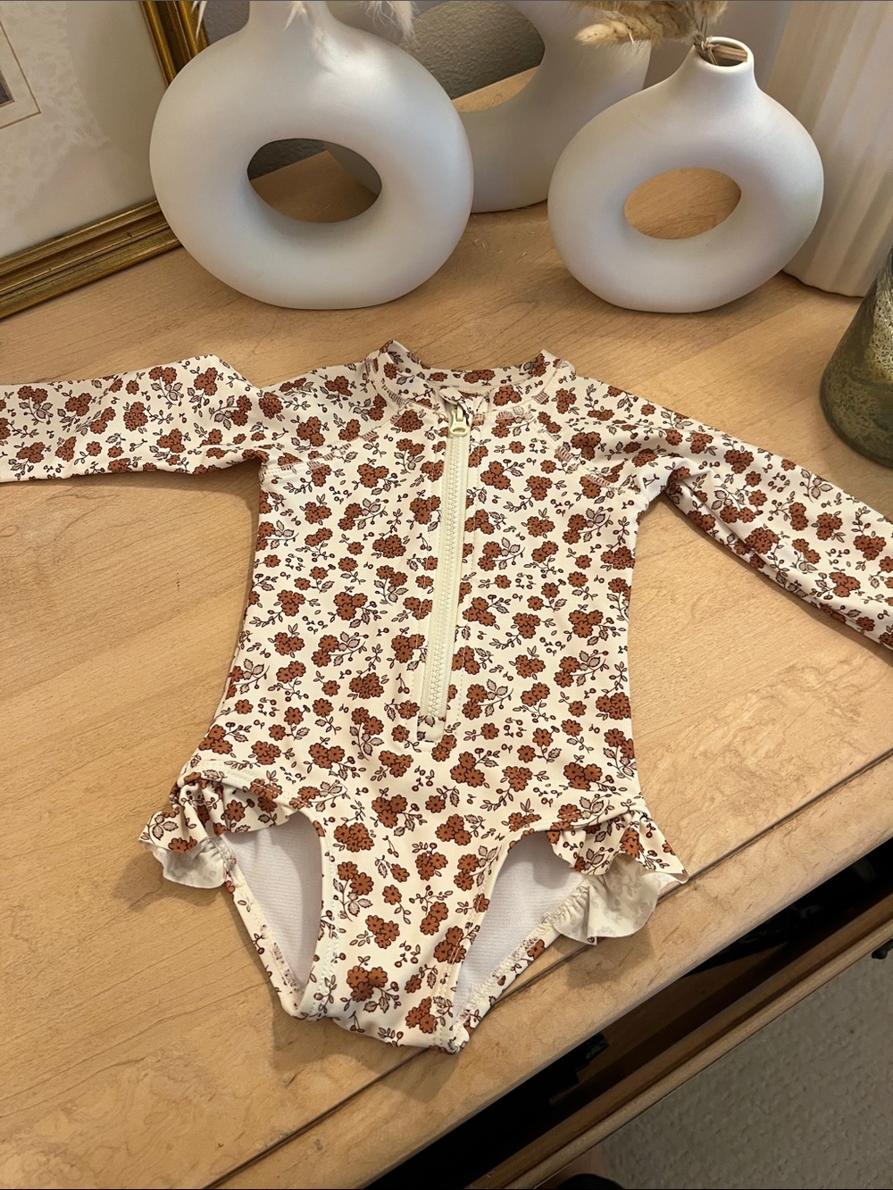 Rylee + Cru Brown and Cream Floral Long Sleeve Swimsuit 3-6m